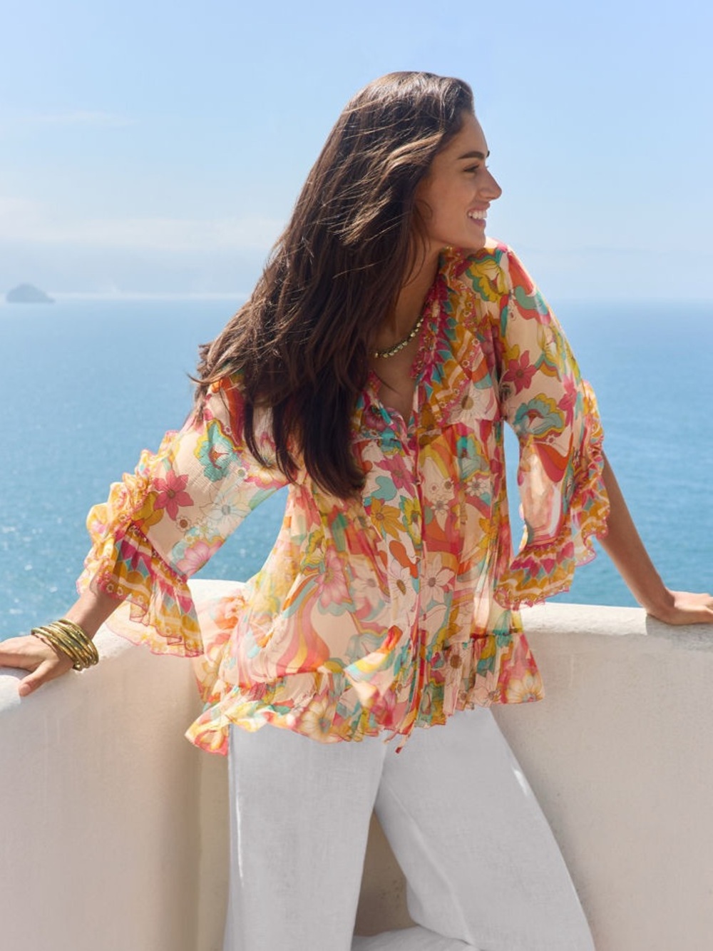 Silk Floral Boho Blouse Johnny Was Jade Gal Ruffle Tie Prismatic Dream XS - Picture 3 of 12